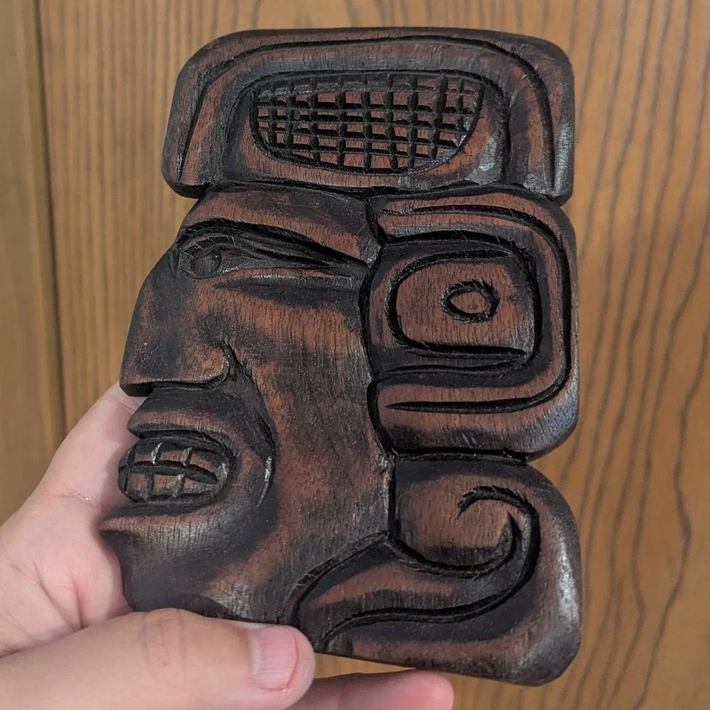Vintage Honduras Hand Carved Wood Mayan Aztec Face Wall Plaque Folk Art Decor